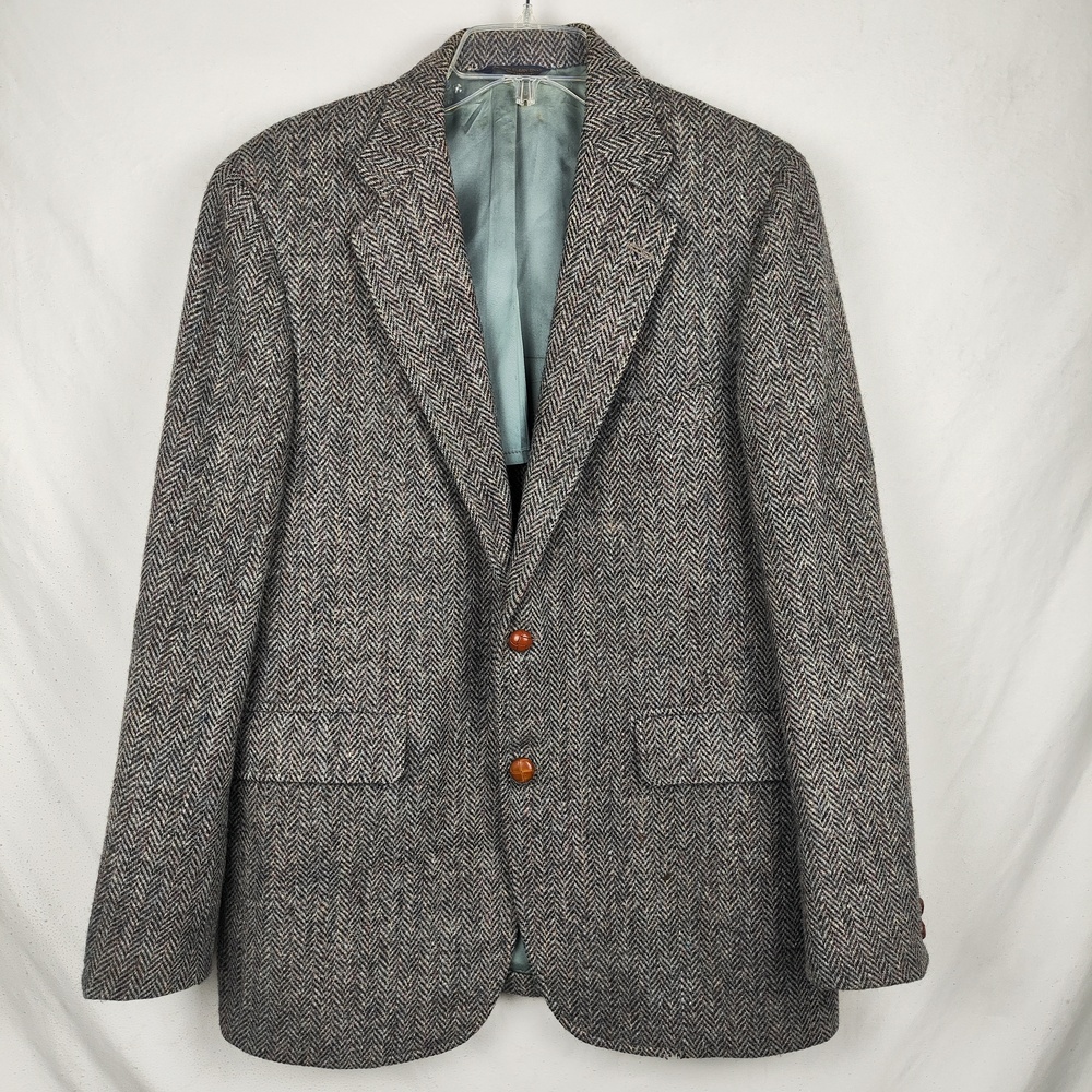 Harris Tweed Blazer Mens 40 Gray Herringbone Wool Tweed Sport Coat Jacket
